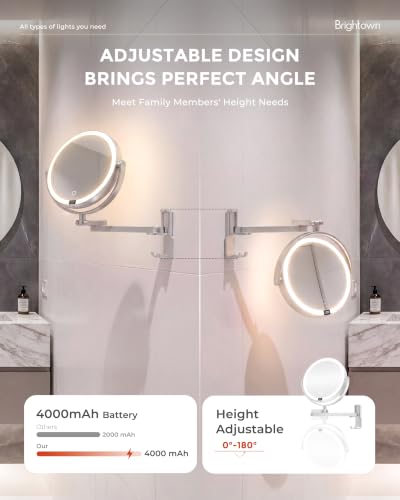 Brightown 8" Wall Mounted Lighted Makeup Mirror with LED Magnifying 1X/10X | 4000mAh Rechargeable Double Sided Dimmable Vanity Mirror, Extended Arm 360 Rotation, 3 Color Lights & Digital Display, Silver - color: Sliver