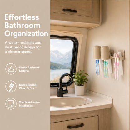 Adhesive Toothbrush Holders, Wall Mounted Space Saving 3 in 1 with Gargle Cup, for Bathroom Shower Mirror, Stick On Tooth Paste Hanger, Daily Use