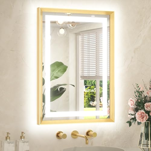 22 x 30 Bathroom LED Mirror Brushed Gold Metal Frame Frontlit & Backlit Vanity Mirror Anti-Fog Stepless Dimmable 3 Colors White/Warm/Natural Mirror with Lights Wall-Mounted - color: Brushed Gold, size: 30"L x 22"W