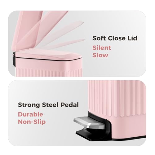 TrashAid Slim Bathroom Trash Can with Lid Soft Close & Pedal, 1.6Gal, Pink | Removable Inner Bucket, Stainless Steel Garbage Can, Small Wastebasket for Toilet/Office/Bedroom, Retro Design, Odor Control - color: Pink