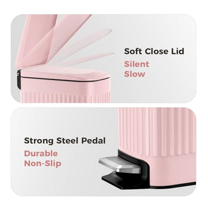 TrashAid Slim Bathroom Trash Can with Lid Soft Close & Pedal, 1.6Gal, Pink | Removable Inner Bucket, Stainless Steel Garbage Can, Small Wastebasket for Toilet/Office/Bedroom, Retro Design, Odor Control - color: Pink