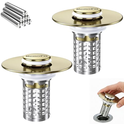 Bathroom Sink Drain Strainer(2PCS), Stainless Steel Pop-up Strainer Basket Hair Catcher with Removable Basket, Brass Bullet Core, Universal Fit 1.1-2.36 Inch Brushed Gold