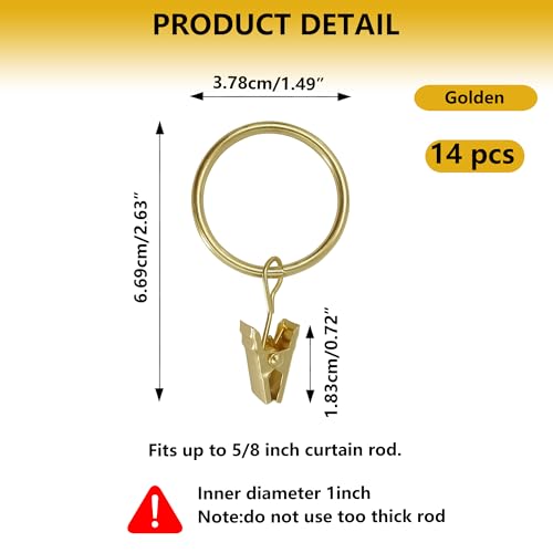 Curtain Rings with Hooks Set - Heavy Duty Metal Drapery Hooks & Eyelet Rings for Window, Shower, Door - Rustproof & Smooth Gliding Curtain Rod Ring, 5/8 to 3/4 Inch Internal Diameter 14 Pack - color: Golden