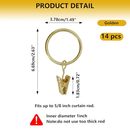 Curtain Rings with Hooks Set - Heavy Duty Metal Drapery Hooks & Eyelet Rings for Window, Shower, Door - Rustproof & Smooth Gliding Curtain Rod Ring, 5/8 to 3/4 Inch Internal Diameter 14 Pack - color: Golden