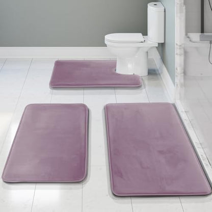 Clara Clark 3 Piece Bathroom Rugs, Velvet Memory Foam Bath Mat Set, Non-Slip Bath Rugs, Machine Wash, Dries Quickly, Ultra Soft Plush Bath Mats for Bathroom, 17 x 24/20 x 32 / Contour, Dusty Purple - color: Dusty Purple
