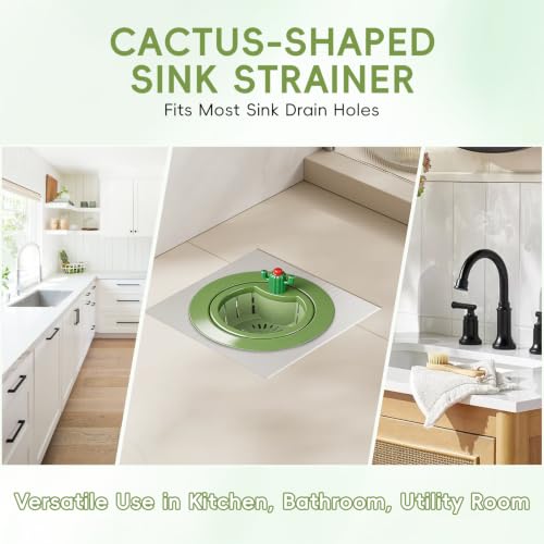 Cactus Sink Strainer Basket, Press to Dump Basket Waste Collector, Multifunctional Cute Kitchen Sink Drain Strainer, No Touch Food Waste Remover for Clogged Drains, Fun Sink Accessory