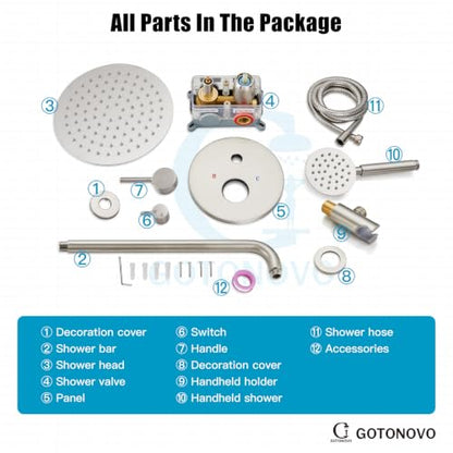 gotonovo High Pressure Shower System Valve and Trim Kit,Brushed Nickel | Round Rain 10 Inch Shower Head with Handheld Faucet Set Complete,Rough In Valve,2-in-1 Diverter,All Metal,Bathroom Wall Mount - color: Nickel