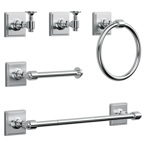 VEHCIL Polished Chrome Bathroom Towel Bar Set, 5 Piece Bathroom Hardware Accessory Set, SUS304 Stainless Steel 24" Towel Rack Holder Set for Bathroom, Wall Mounted - color: Polished Chrome