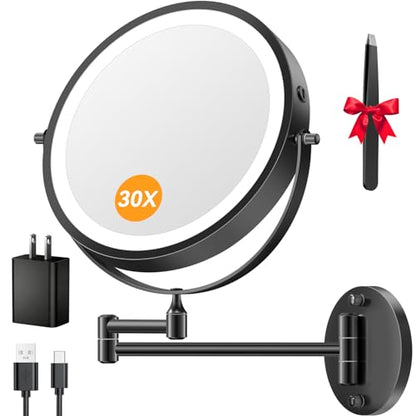 Auxmir 9″ 5000mAh 1X/30X Wall Mounted Lighted Magnifying Makeup Mirror | Power Adapter&2 Tweezers Included/ 3 Dimmable Colors/ Dual Sided Button Control/ Rechargeable/ 360° Rotation Extended Arm - color: 9'' 30x-black+adapter