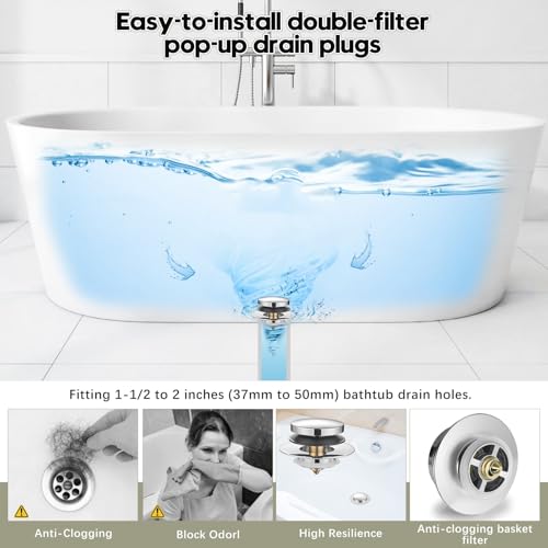 Universal Bathtub Stopper, Pop Up Bath Tub Drain Stoppers, EZ Install Bathtub Drain Replacement Trim Kit, Replaces Lift and Turn, Tip-Toe and Trip Lever Drains for Tub(Chrome Plated) - color: Chrome Plated