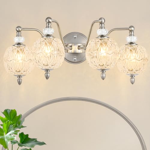 4-Light Brushed Nickel Bathroom Vanity Light, Modern Brushed Nickel Finish Wall Sconce with Globe Glass Shades, Modern Mirror Light for Bathroom, Powder Room - color: Brushed Nickel, size: 4 Light