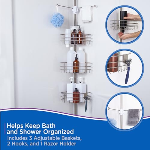 Kenney KN614128 Easy Slide Adjustable Height (6' 9"-9') Spring Tension Metal Corner Pole Shower Caddy with 3 Adjustable Rust-Resistant Basket Shelves, Towel Bars, and Razor Holders, Brushed Nickel