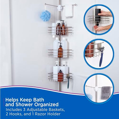Kenney KN614128 Easy Slide Adjustable Height (6' 9"-9') Spring Tension Metal Corner Pole Shower Caddy with 3 Adjustable Rust-Resistant Basket Shelves, Towel Bars, and Razor Holders, Brushed Nickel