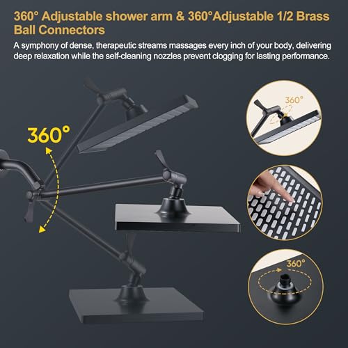 Cobbe Rainfall Shower Head for Bathroom, 11.8 Inch Large Rectangular with Adjustable Stainless Steel 11 Inch Extension Arm - Premium Quality Luxury Experience, 1-Min No Tools Installation, Black - color: Black