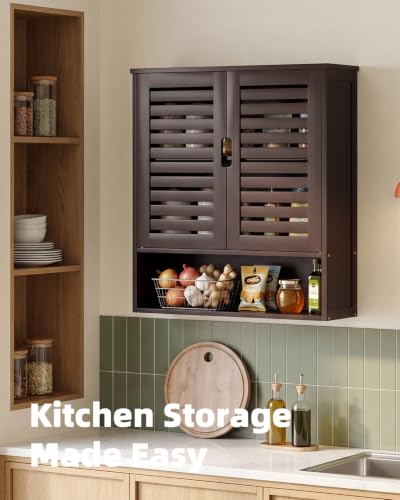 SMIBUY Bathroom Cabinet Wall Mounted, Bamboo Over-The-Toilet Storage Organizer, Space Saver Medicine Cabinet with 2 Door and Adjustable Shelves (Dark Brown) - color: Brown