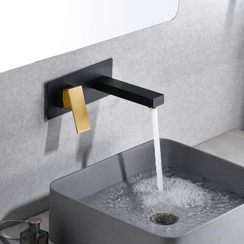 SUMERAIN Wall Mounted Bathroom Sink Faucet, Black and Gold | Left-Handed Single Handle, Rough in Valve and Wall Plate Included - color: Black and Gold, size: Left-Handed