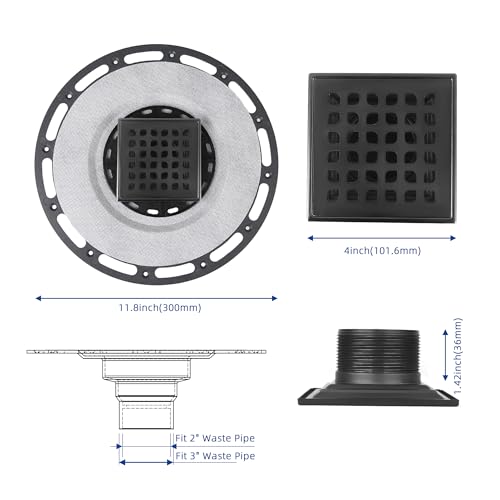 4-Inch Square Shower Drain Kit with Bonding Flange, Matte Black | Removable 304 stainless steel grate with hair strainer; fits 2- and 3-inch pipes for tiled shower floors and wet areas - size: 4in-Black