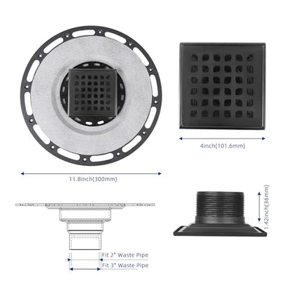 4-Inch Square Shower Drain Kit with Bonding Flange, Matte Black | Removable 304 stainless steel grate with hair strainer; fits 2- and 3-inch pipes for tiled shower floors and wet areas - size: 4in-Black