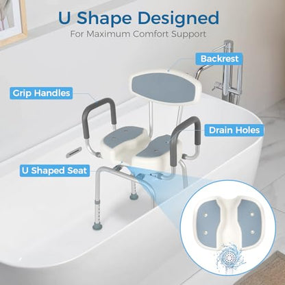 FAHKNS Senior Bathing Chair Swivel Shower Chair with Arms and Back, 400 lbs Heavy Duty U-Shape Seat for Inside Tub, Height Adjustable Safety Bath Seat for Elderly and Disabled - color: Grey