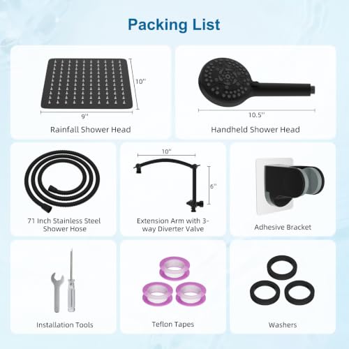 Hibbent All Metal 10" High Pressure Rain Shower Head Combo, Matte Black | cUPC Certified Rainfall Shower Head with handheld 10 Sprays, 16'' Adjustable Extension Arm, 71'' Hose, Showerhead Holder - color: Matte Black, style: Square 10''