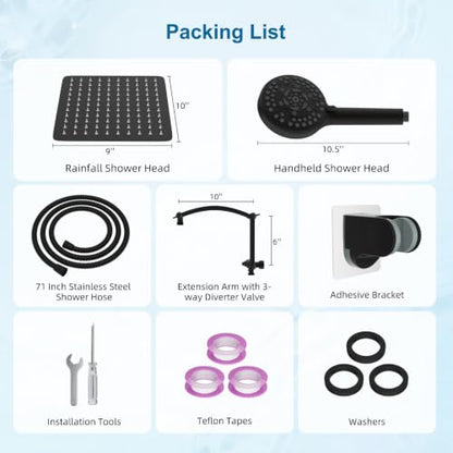 Hibbent All Metal 10" High Pressure Rain Shower Head Combo, Matte Black | cUPC Certified Rainfall Shower Head with handheld 10 Sprays, 16'' Adjustable Extension Arm, 71'' Hose, Showerhead Holder - color: Matte Black, style: Square 10''