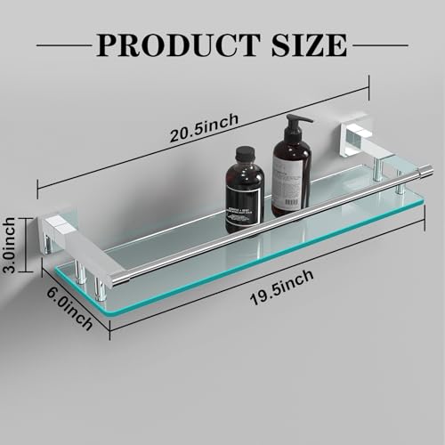 Glass Shelves for Bathroom, 20IN Rectangular Chrome Stainless Steel Tempered Glass Shelf Wall Mount Shelf Sink Over Toilet Modern Bathroom (Chrome Polished, 20‘’) - color: Chrome Polished, size: 20'' with Railing