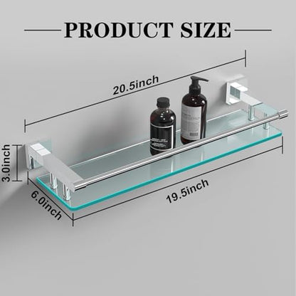 Glass Shelves for Bathroom, 20IN Rectangular Chrome Stainless Steel Tempered Glass Shelf Wall Mount Shelf Sink Over Toilet Modern Bathroom (Chrome Polished, 20‘’) - color: Chrome Polished, size: 20'' with Railing
