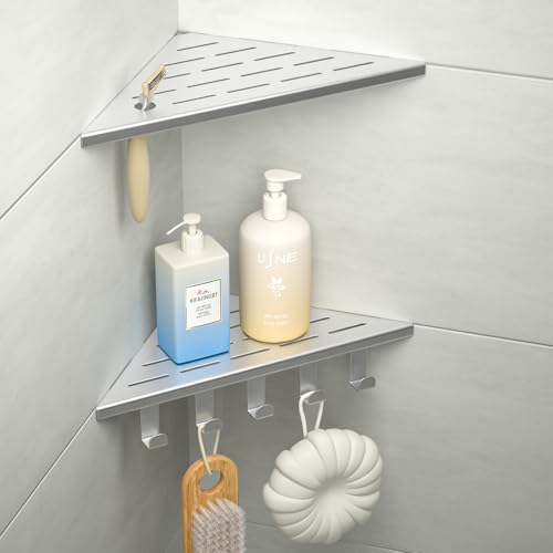 10'' Corner Shower Shelf | 304 Stainless Steel Shelves for Bathroom, Grout in Shelf with Hooks for Tiled Wall (Brushed) - color: Brushed