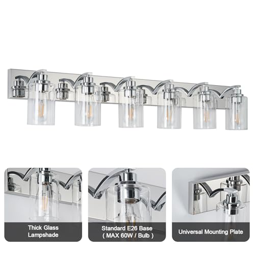 6-Light Bathroom Light Fixtures Modern Chrome Vanity Lights | Easy to Install Clear Glass Shades, Wall Mount Up or Down, E26 Socket, Hardwired, 129V - color: Chrome, size: 6 Lights