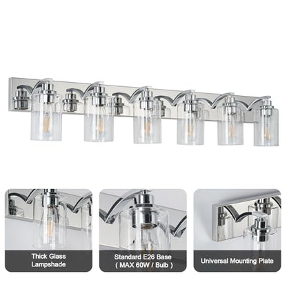 6-Light Bathroom Light Fixtures Modern Chrome Vanity Lights | Easy to Install Clear Glass Shades, Wall Mount Up or Down, E26 Socket, Hardwired, 129V - color: Chrome, size: 6 Lights