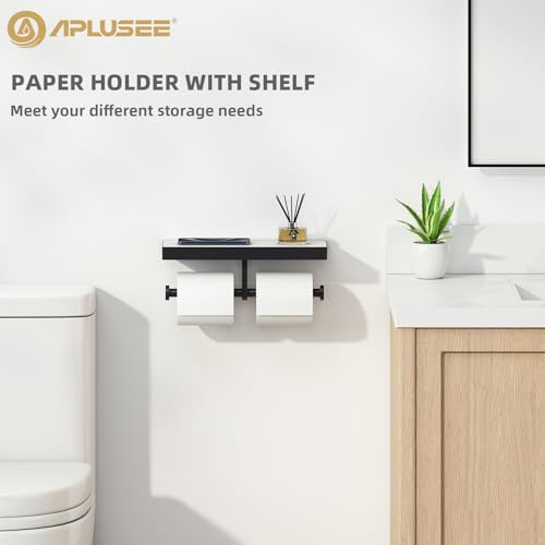 APLusee Double Toilet Paper Holder Matte Black, Stainless Steel Tissue Holder with Sintered Stone Shelf, Wall Mount - size: Double Rod