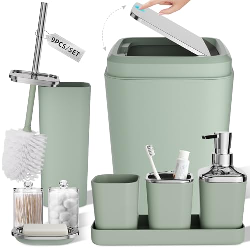 XLHOMO Bathroom Set, Bathroom Accessory Set, Sage Green Bathroom Accessories Set with Press-on Lid Bathroom Trash Can, Soap Dispenser, 9PC Bathroom Accessory Set for Home - color: Sage Green and Silver, size: Press-lid Bathroom Set
