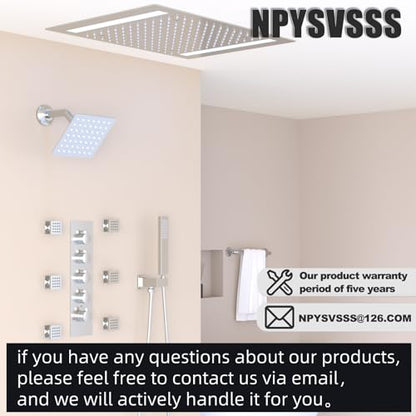 Thermostatic Shower System with 14x20 Inch Ceiling Mount LED Head & 6 Inch Wall Head and Handheld Shower 4 Function Vale with body jets Can All Run Together,Polished Chrome - color: Polished Chrome, style: 14x20 led+6 jets