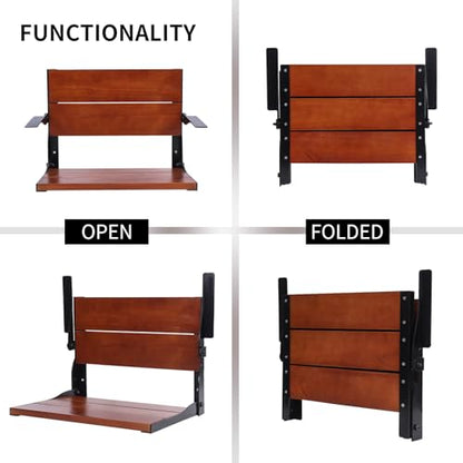 Folding Shower Seat Wall Mounted with Arms and Back, 20 x 15 in Fold Down Shower Chair for Seniors Adults, Wood Shower Bench with Black Frame, Fold Up Seat for Inside (20 * 15 INCH)