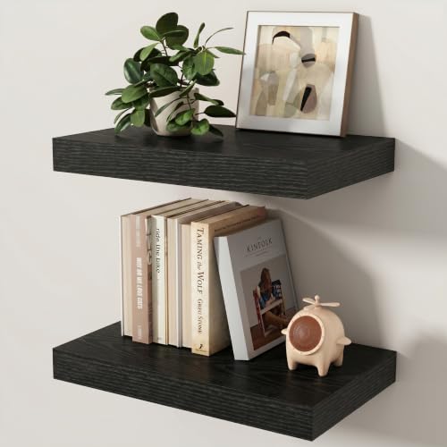 Floating Shelves for Wall, 16 Inch x 8 Inch Deep Wall Mounted Wood Shelf with Invisible Brackets for Storage & Display, Living Room Bedroom Kitchen, Black, Set of 2 - color: Black, size: 16 Inch, Set of 2