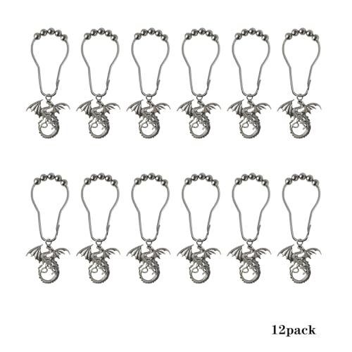 Dragon Shower Curtain Hooks Decorative Rings for Bathroom Cool Kids Bath Decor Rust-Resistant Stainless Steel Curtain Rings Pack of 12 (Silver) - size: Dragon