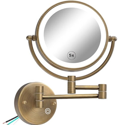 8" Lighted Makeup Mirror Wall Mounted with Magnification, Antique Brass | 2 Sided, 1X/5X Magnifying, 3-Color Lighting, Touch Dimming, Extended Arm, 360 Rotation, Bathroom Vanity Cosmetic, Hardwired - color: Antique Brass