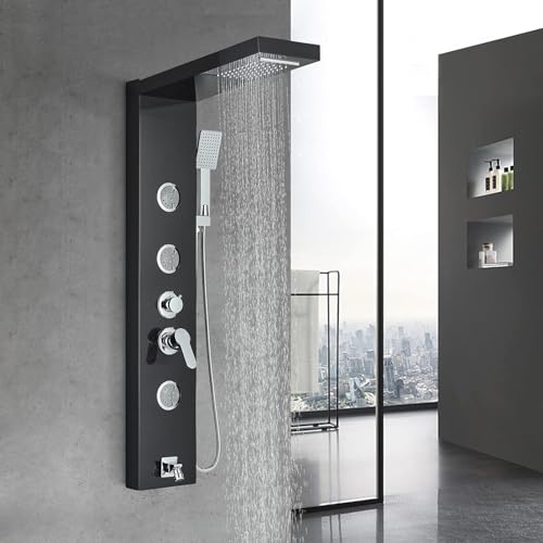 AlenArt Shower Panel Tower System, Multi Function Shower System with Body Jets, Handheld Sprayer, Rainfall Waterfall Shower Head and Tub Spout Stainless Steel Wall Mount Shower Panels Black - color: Black