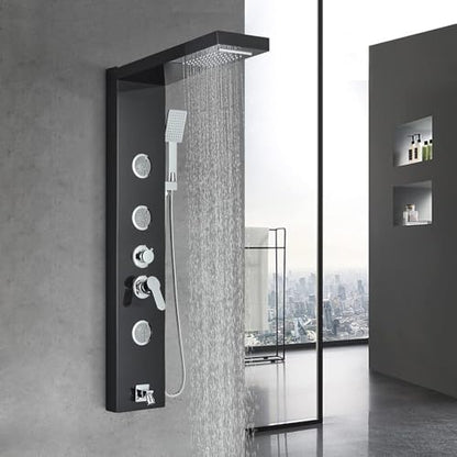 AlenArt Shower Panel Tower System, Multi Function Shower System with Body Jets, Handheld Sprayer, Rainfall Waterfall Shower Head and Tub Spout Stainless Steel Wall Mount Shower Panels Black - color: Black