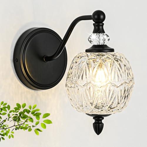1 Piece Matte Black Wall Sconce, 1-Light Mid Century Farmhouse Style Wall Sconce with Globe Glass Shade, Retro Light for Bathroom, Bedroom, Living Room, Powder Room - color: Black, size: 1 Light
