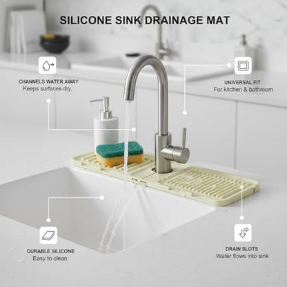 Silicone Faucet Splash Guard Mat, 13 x 3.35 Inches | Kitchen & Bathroom Sinks, Flexible Water Drainage Tray, With Slots - color: Beige