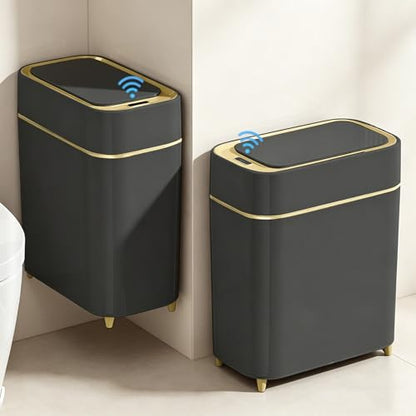 LALASTAR 2-Pack Bathroom Trash Can with Lid, Slim Motion Sensor Trash Can, Small Automatic Garbage Can Touchless, Waterproof Trash Bin for Bedroom, Office, Living Room, 2.3 Gal, Black with Gold Trim - color: Black+Gold Trim