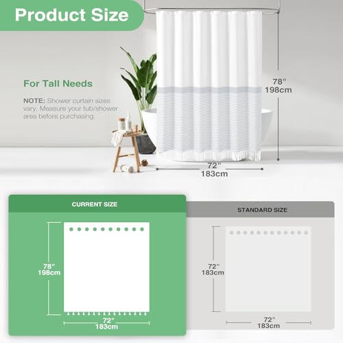 78 Inches Long Shower Curtain, Farmhouse Boho Striped Fabric Tassel Shower Curtains for Bathroom, Tall Bohemian Textured Waterproof Cloth Shower Curtain Set with Hooks, Grey, 72x78 - color: Grey, size: 72"W x 78"L (Pack of 1)