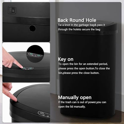 13 Gallon/50 L Kitchen Trash Can with Lid, Garbage Can with Touch-Free Lid, Cute Automatic Trash Can Bathroom Trash Bin, Motion Sensor Waterproof Trash Bin - color: Black, size: 1 Trash Can