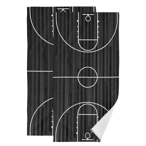 2 Pack Black Grey and White Basketball Court Print Hand Towels for Bathroom,Soft Absorbent Basketball Floor Sport Themed Decorative Guest Face Bathroom Towels,Quick Dry Kitchen Towels 14"x28" - color: Black White Grey