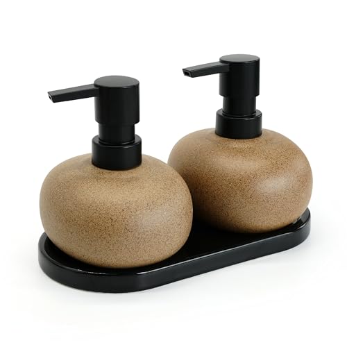 10oz Ceramic Hand Soap Dispenser, Elegant Liquid Soap Dispenser for Bathroom Countertop, Heavy & Sturdy Dish Soap Dispenser for Kitchen (Brown Set of 2 & Ceramic Tray) - color: Brown Set of 2 & Ceramic Tray