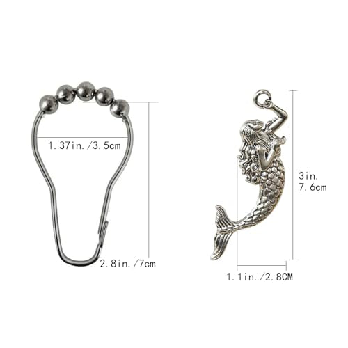 Mermaid Shower Curtain Hooks Decorative Rings for Bathroom Ocean Beach Cut Girl Bath Decor Stainless Steel Rustproof Shower Hanger Pack of 12 (Silver) - size: Mermaid