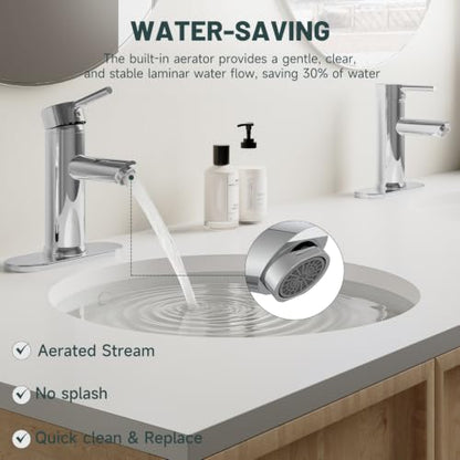 Chrome Bathroom Faucet for 1 or 3 Holes, Brass | Single Handle Bathroom Sink Faucets Modern Commercial Lavatory Vanity Faucet with Deck Plate and Supply Line Pop Up Drain - color: Chrome
