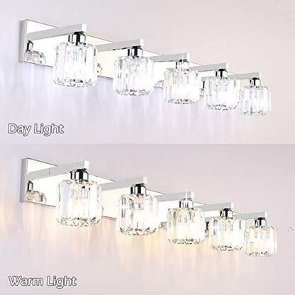 Aipsun Crystal Bathroom Vanity Light Stainless Steel Modern Vanity Light 5 Lights Crystal Bathroom Vanity Light Fixtures (Exclude Bulb) - color: Chrome (Round), size: 40 inch