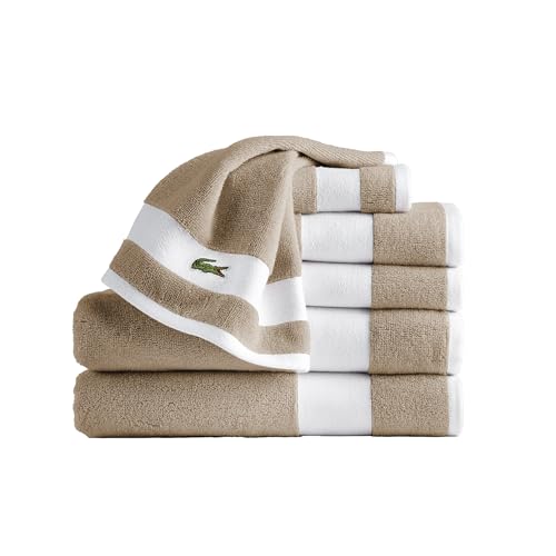 Lacoste Sport Stripe 6-Piece Luxury Cotton Towel Set – Made with 100% Soft Supima Cotton, Absorbent & Quick-Drying, Includes 2 Bath Towels, 2 Hand Towels, 2 Washcloths, Sand - color: Sand